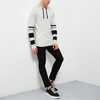 Grey contrast stripe sleeve hoodie